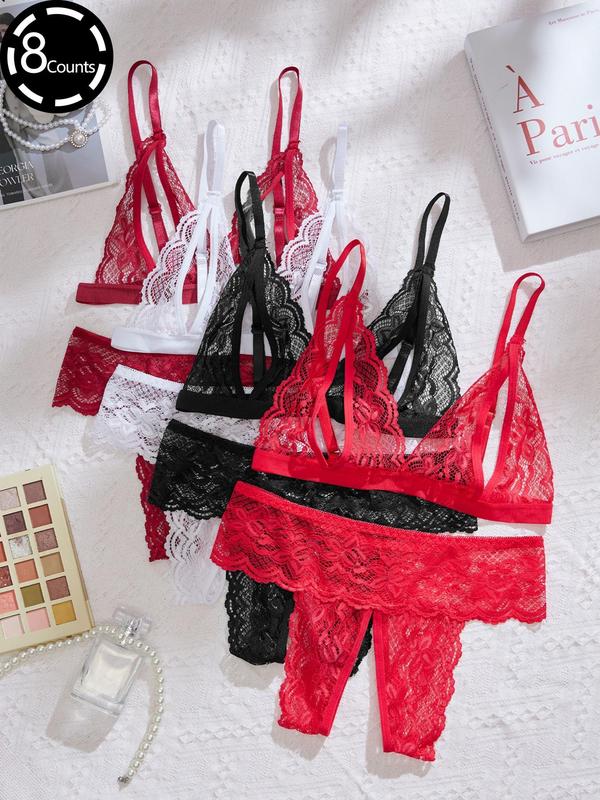 Women's Contrast Lace Scallop Trim Sheer Sexy Lingerie Set, Adjustable Strap Cut Out Bra & Open Crotch Design Thong Set, Soft Comfy Breathable Lingerie Set for Women