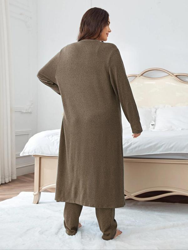 Plus Size Solid V Neck Tank Top & Elastic Waist Pants & Open Front Lounge Robe Set, Casual Comfy Sleepwear Set,  Robe for Women, Pajama Sets Women, Women's Sleepwear for All Seasons