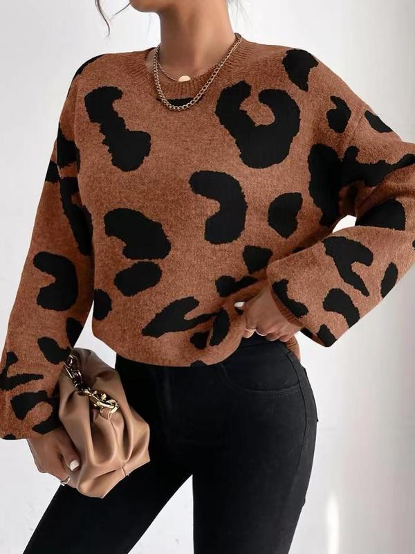Women's Leopard Print Drop Shoulder Sweater, Casual Long Sleeve Round Neck Jumper for Fall & Winter, Sweaters for Women, Women's Knitwear for Daily Wear