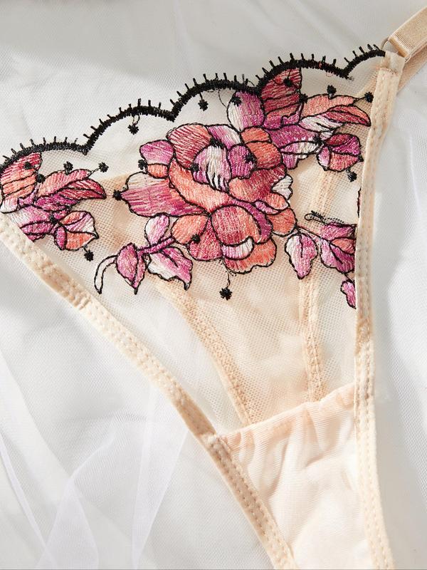 Women's Floral Embroidery Tulle Sexy Lingerie Set, Fashion Push Up Bra & Thong, Lingerie Set for All Seasons, Soft Breathable Underwear Set for Women
