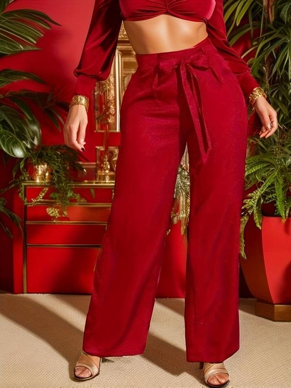 Women's Solid High Waist Belted Wide Leg Pants, Pants for Women, Elegant Comfy Trousers for Spring & Fall, Ladies Bottoms for Daily Wear