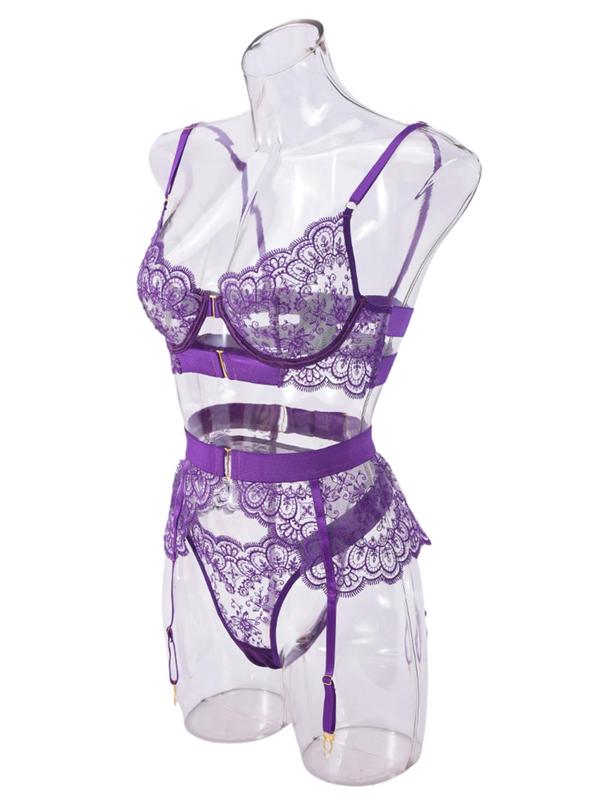 Women's Floral Embroidery Sheer Sexy Lingerie Three-piece Set, Adjustable Strap Bra & Thong & Garter Belt Set, Lingerie Set for Women