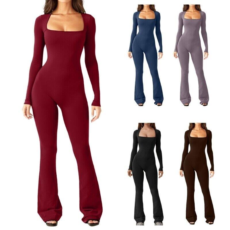 Jumpsuits for Women Square Neck Wide Leg Full Length Romper Playsuit Fabric Long Sleeve Soft Womenswear Bodycon Casual