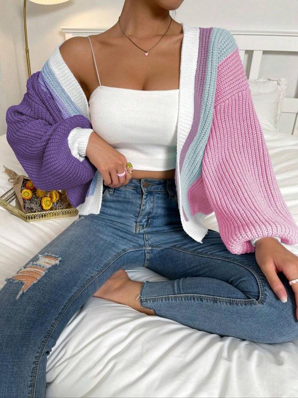 Women's Patchwork Print Drop Shoulder Open Front Cardigan, Casual Long Sleeve Knitwear Top for Spring & Fall, Cardigan for Women, Fashion Women's Knitting Clothing for Daily Wear, Going Out Tops, Women's Tops, Fall Outfits, Fallfreshness, Fall Clothes