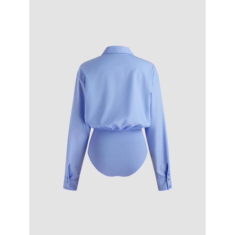 [8 colors, size 0-26] Collar Solid Button Long Sleeve Blouse