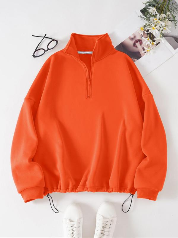 Plus Size Plain Half Placket Zip Front Drop Shoulder Sweatshirt, Plus Casual Long Sleeve Drawstring Collared Pullover for Spring & Fall, Women's Plus Clothing for Daily Wear
