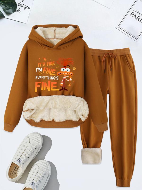 Two-piece Set Women's Letter Print Thermal Lined Sweatshirt & Drawstring Waist Sweatpants Set, Casual Long Sleeve Hooded Sweatshirt  & Pocket Jogger Pants, Women's Fall & Winter Clothes
