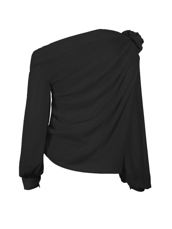Women's Plain Flower Decor Ruched One Shoulder Chiffon Top, Casual Asymmetrical Neck Long Sleeve Top for Fall & Winter, Women's Clothing for Daily Wear
