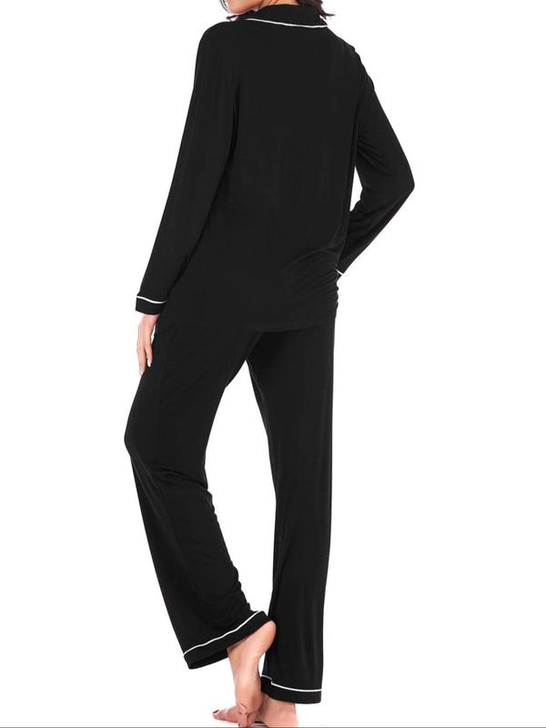 Women's Plain Contrast Binding Pajama Two-piece Set, Lapel Long Sleeve Button Front Shirt & Pants Pj Set, Casual Comfy Loungewear Set for Women