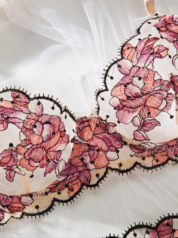 Women's Floral Embroidery Tulle Sexy Lingerie Set, Fashion Push Up Bra & Thong, Lingerie Set for All Seasons, Soft Breathable Underwear Set for Women