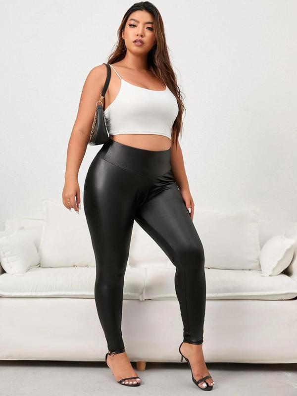  Solid High Waist PU Leather Skinny Pants, Casual Comfy Leggings for Daily Wear, Women's Bottoms for Spring & Fall