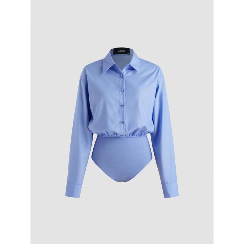 [8 colors, size 0-26] Collar Solid Button Long Sleeve Blouse