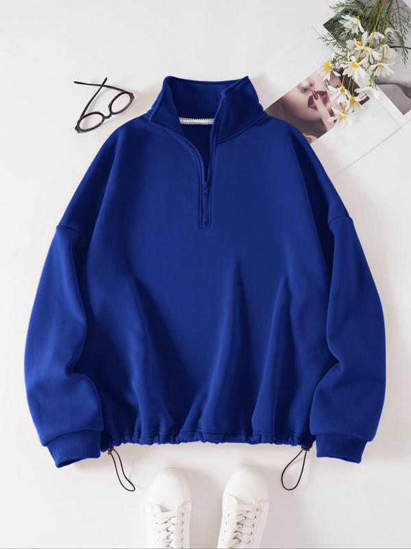 Plus Size Plain Half Placket Zip Front Drop Shoulder Sweatshirt, Plus Casual Long Sleeve Drawstring Collared Pullover for Spring & Fall, Women's Plus Clothing for Daily Wear