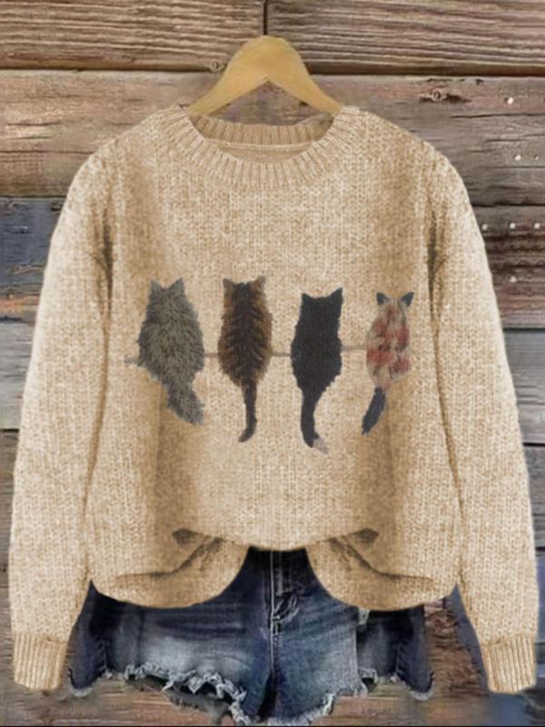 Women's Cat Print Drop Shoulder Sweater, Casual Long Sleeve Round Neck Jumper for Fall & Winter, Fashion Ladies' Knitwear for Daily Wear, Experimental Outfits