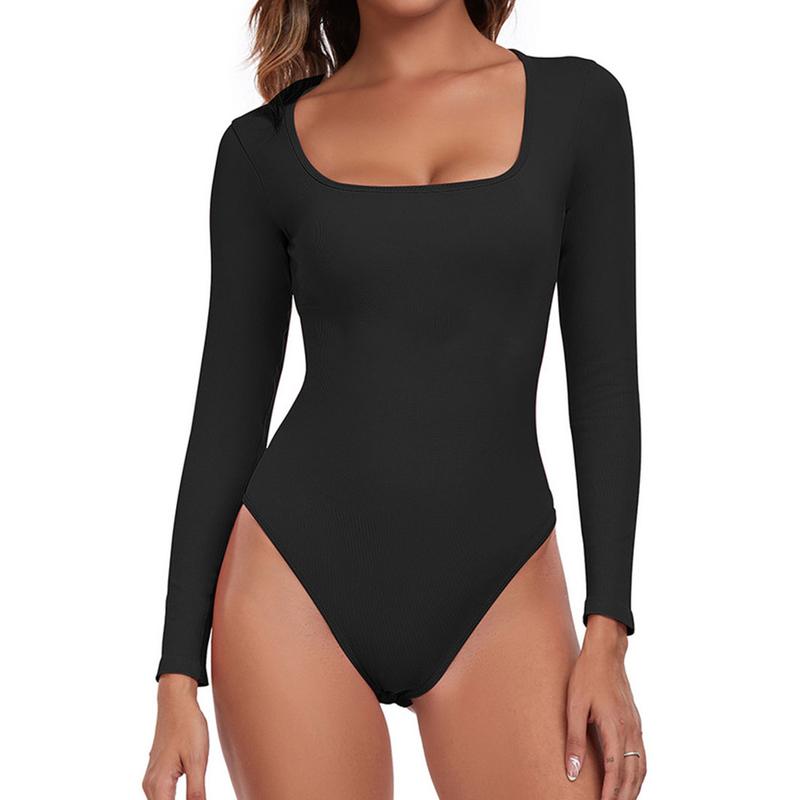 Women's Square Neck Long Sleeve Bodysuit Tops Sexy Ribbed One Piece Square Neck Long Sleeve Bodysuits Comfy Slimming Going Out Top