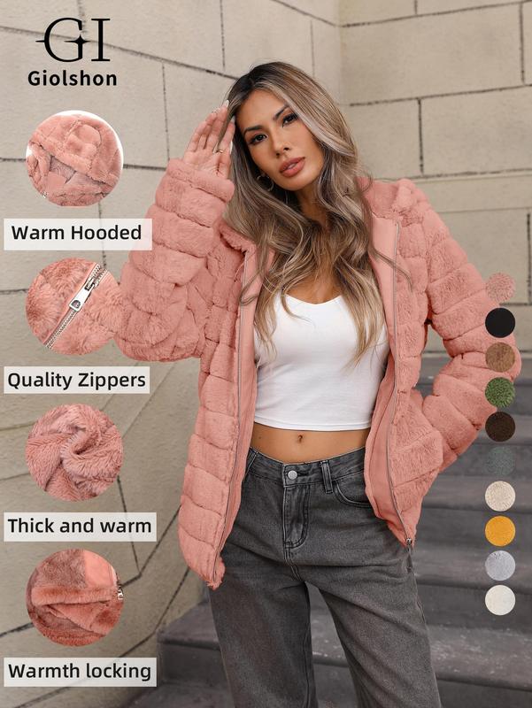 Women's Solid Pocket Zip Up Faux Fur Hooded Coat, Casual Long Sleeve Thermal Outerwear for Fall & Winter, Fuzzy Coats for Women, Ladies Clothes for Daily Wear, Downtown Girl Clothes