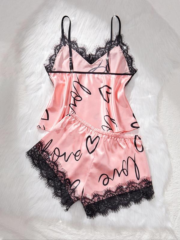 Two-Piece Set Women's Heart Print Contrast Lace Cami Top & Knot Front Shorts Satin Pyjama Set, Adjustable Spaghetti Strap Camisole & Shorts Pj Set, Sleepwear Loungewear Set for Women