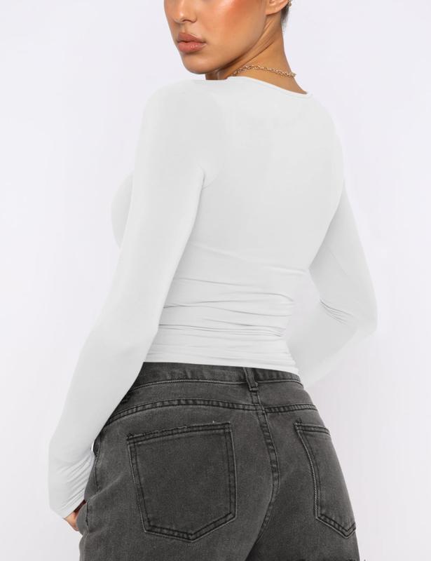 AVOOGUE Womens 3 Piece Long Sleeve Shirts Basic Crop Tops Going Out Fall Fashion Underscrubs Layer Slim Fit Y2K Tops Casual Fabric Womenswear Blouses