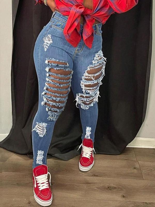 Women's Plain Ripped High Waist Skinny Jeans, Fashion Streetwear, Casual Denim Pants for Daily Outdoor Wear, Ladies Bottoms for All Seasons, Downtown Girl Clothes
