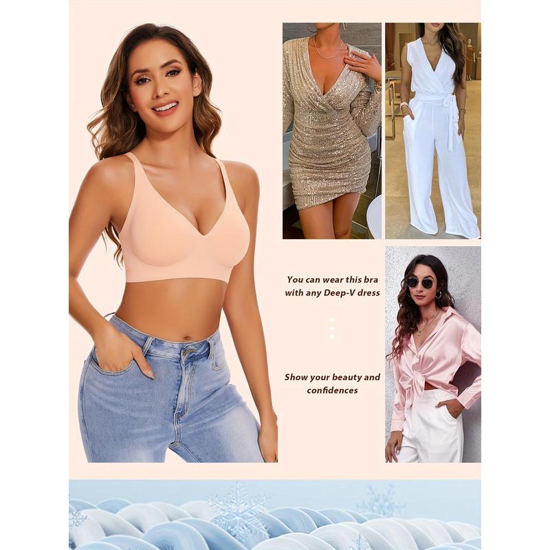 3-Piece Elegant Wireless Honeylove Bralette Bra, Comfy & Breathable Full Coverage Push Up Intimates Plunge Bra, No Underwire Deep V Smooth Bra, Women's Lingerie & Underwearh
