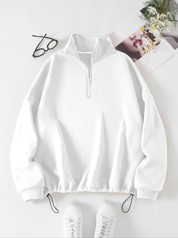 Plus Size Plain Half Placket Zip Front Drop Shoulder Sweatshirt, Plus Casual Long Sleeve Drawstring Collared Pullover for Spring & Fall, Women's Plus Clothing for Daily Wear