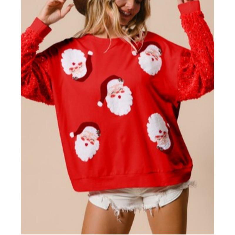 Women's Cute Santa Claus Christmas Sweatshirt Fun Pattern Lightweight Sequins Long Sleeve Pullover Hoodie