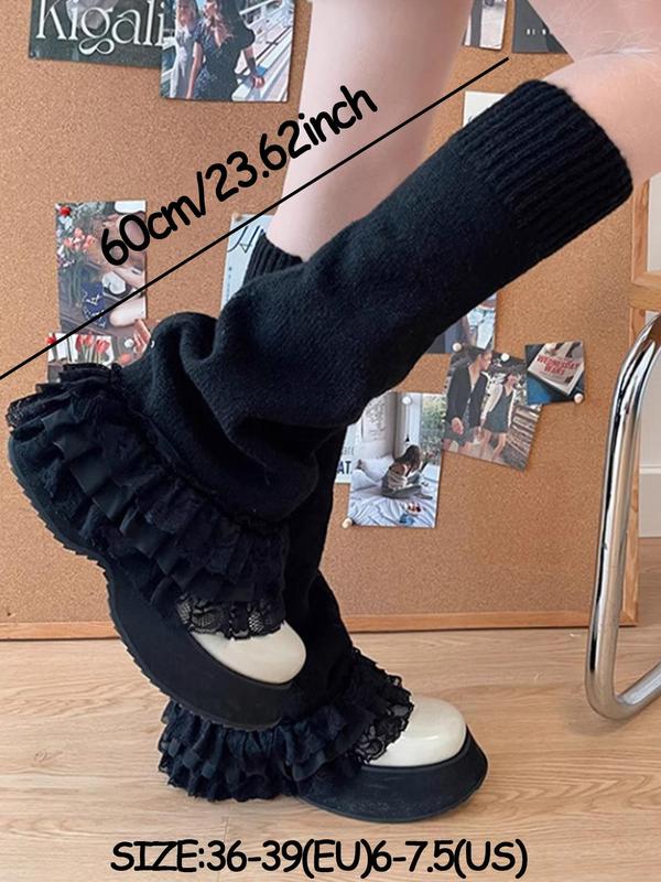 Women's Solid Contrast Lace Ruffle Trim Flare Leg Warmer, Casual Soft Comfy Warm Socks for Fall & Winter, Women's Socks for Daily Wear