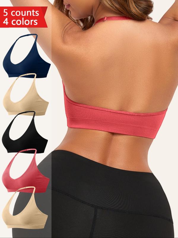Women's Solid Backless Halter Bra, Adjustable Strap Wireless Bralette, Soft Comfortable Breathable Lingerie for All Seasons