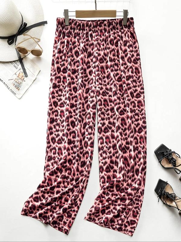 Women's Plus Size Leopard Print Elastic Waist Wide Leg Pants, Casual Fashion Trousers for Daily Wear,  Pants for Women, Ladies Bottoms for Spring & Fall