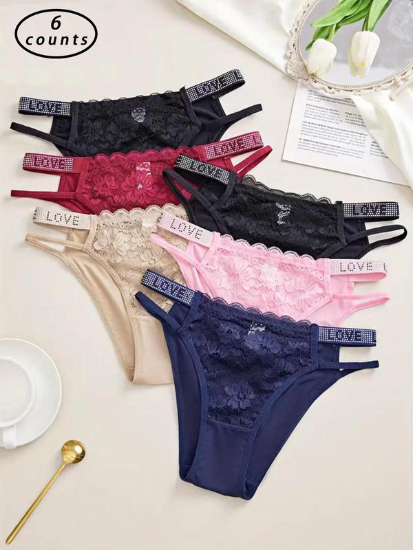 Women's Contrast Lace Rhinestone Decor Panty, Soft Comfy Breathable Cut Out Knicker for Daily Wear, Underwear for All Seasons