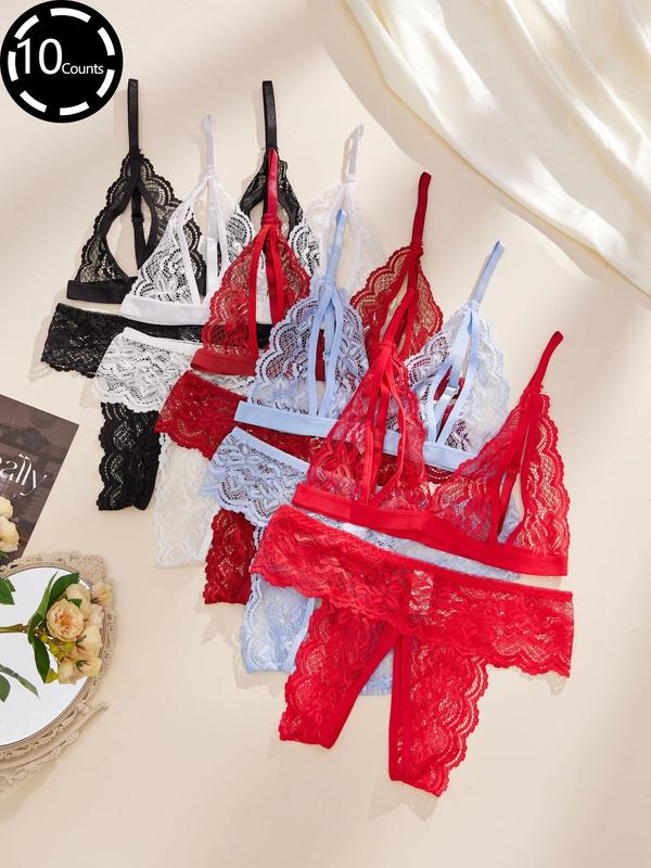 Women's Contrast Lace Scallop Trim Sheer Sexy Lingerie Set, Adjustable Strap Cut Out Bra & Open Crotch Design Thong Set, Soft Comfy Breathable Lingerie Set for Women