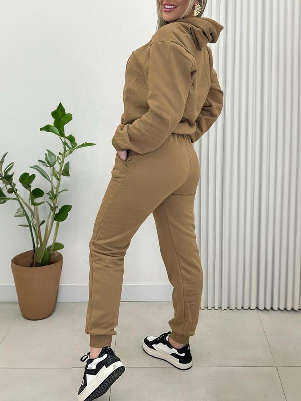 Women's Solid Drop Shoulder Pocket Hoodie & Elastic Waist Pants Two-Piece Set, Casual Fashion Cozy Breathable Two Piece Outfits for Daily Outdoor Wear, Women Clothes for Fall & Winter