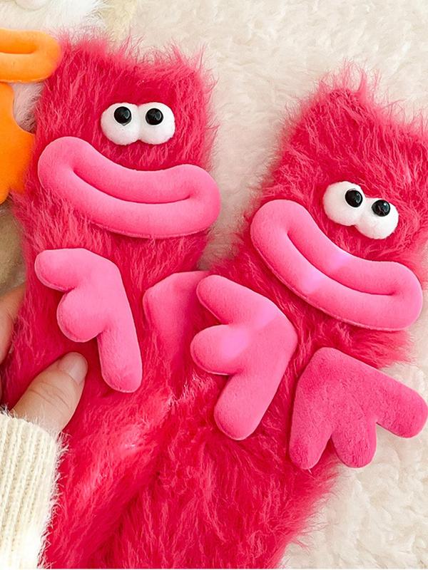 Random Women's 3D Cartoon Decoration Fuzzy Socks, Cute Soft Comfy Crew Socks for Fall & Winter, Women's Socks for Daily Wear