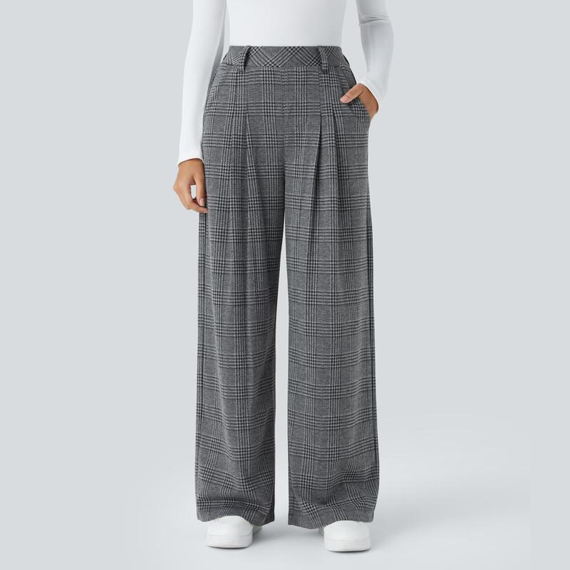 Halara High Waisted Plicated Side Pocket Wide Leg Houndstooth Plaid Casual Pants