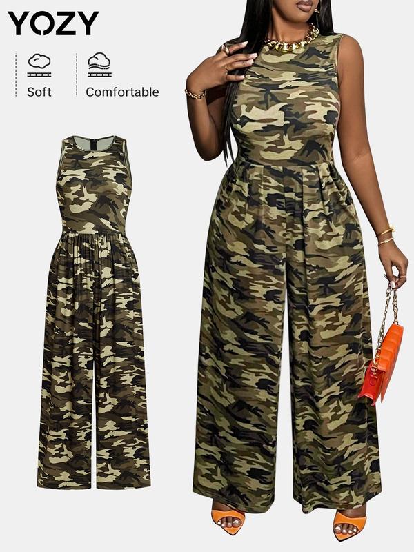YOZY Women's Camo Print Round Neck Wide Leg Jumpsuit, Casual Sleeveless Tank Jumpsuit for Summer, Women's Clothing for Daily Wear