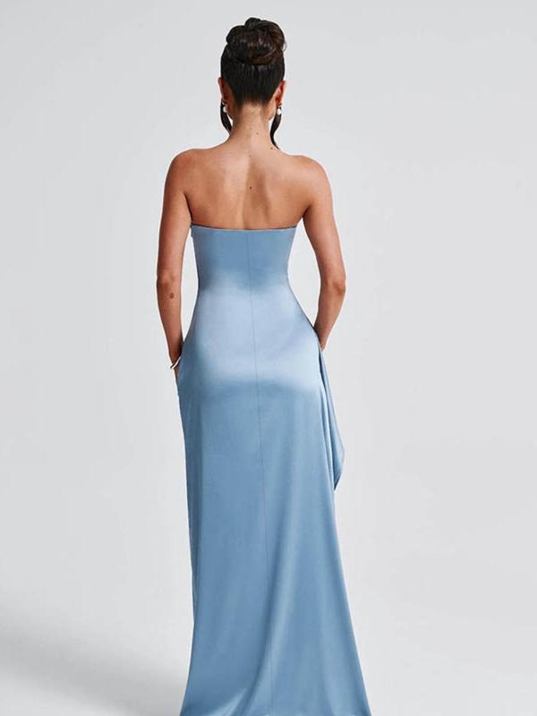 Women's Plain Ruched Ruffle Split Thigh Satin Evening Dress, Elegant Backless Tube Maxi Dress for Party & Banquet, Ladies' Clothes for Spring & Fall