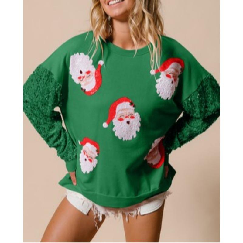 Women's Cute Santa Claus Christmas Sweatshirt Fun Pattern Lightweight Sequins Long Sleeve Pullover Hoodie