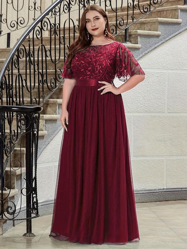 Plus Size Leaf Embroidered Sheer Boat Neck a Line Tulle Vintage Dress, Summer Clothes Women, Plus Elegant Short Sleeve Maxi Dress for Party Wedding Guest, Women's Clothes for Summer