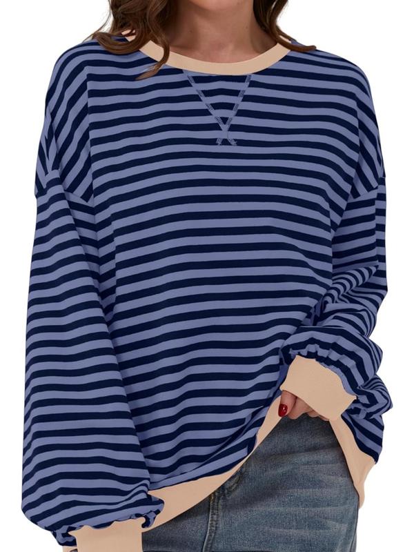  Striped Print Drop Shoulder Sweatshirt, Casual Contrast Binding Long Sleeve Pullover for Spring & Fall, Sweatshirts for Women, Women's Plus Clothing for Daily Wear, Black Girl Outfits