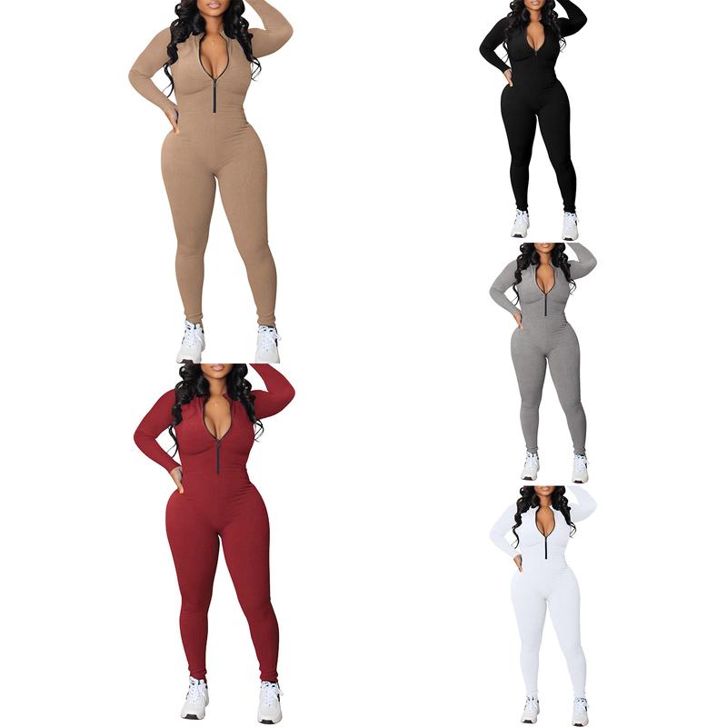 Women  Bodycon Jumpsuit Solid Color Zipper Long Sleeve Pants Romper Clubwear Streetwear