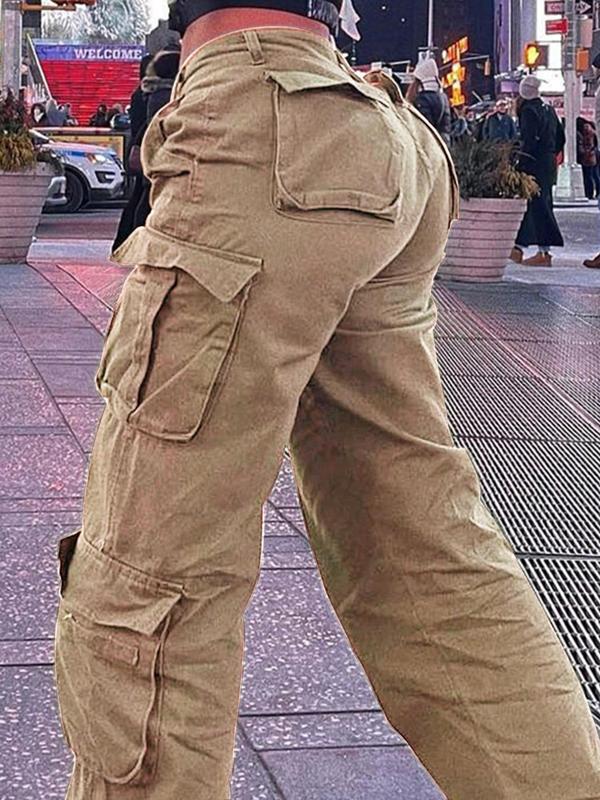 Women's Plain Pocket Drawstring Cargo Pants, Casual Elastic Waist Trousers for Daily Wear, Pants for Women, Ladies Bottoms for All Seasons