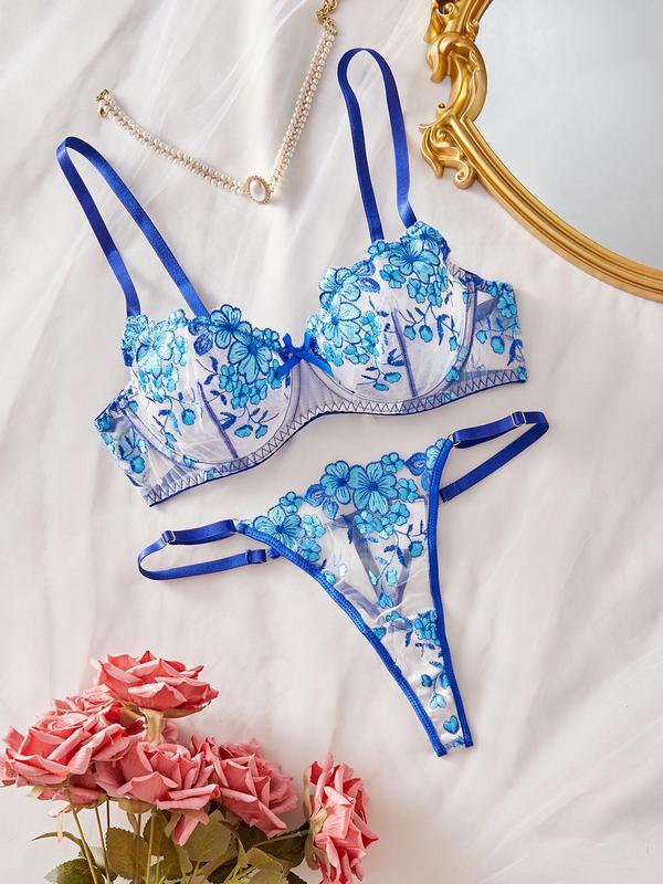 Women's Floral Embroidery Contrast Mesh Sheer Sexy Lingerie Set, Sexy Elegant Cut Out Adjustable Strap Bow Decor Bra & Thong,  Underwear for Women, Women's Sexy Underwear Set for All Seasons