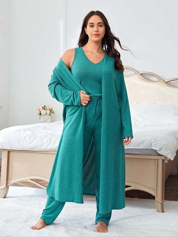 Plus Size Solid V Neck Tank Top & Elastic Waist Pants & Open Front Lounge Robe Set, Casual Comfy Sleepwear Set,  Robe for Women, Pajama Sets Women, Women's Sleepwear for All Seasons