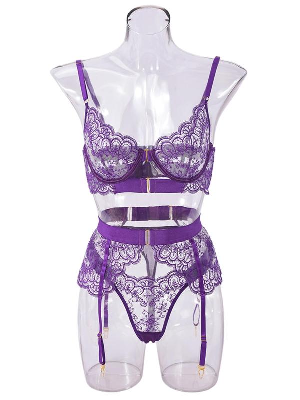 Women's Floral Embroidery Sheer Sexy Lingerie Three-piece Set, Adjustable Strap Bra & Thong & Garter Belt Set, Lingerie Set for Women