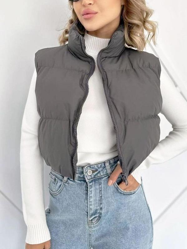 Women's Solid High Neck Zip Up Puffer Vest, Casual Thermal Outerwear for Fall & Winter, Women's Clothing for Daily Wear