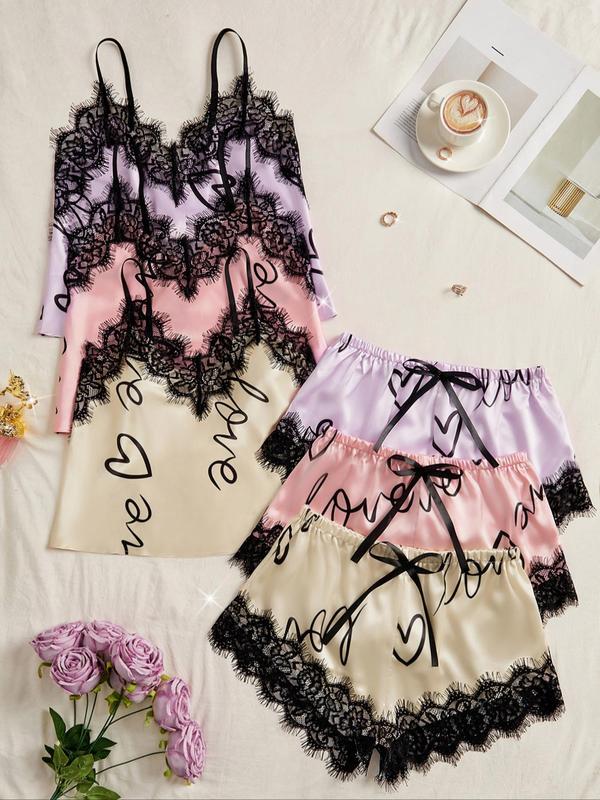 Two-Piece Set Women's Heart Print Contrast Lace Cami Top & Knot Front Shorts Satin Pyjama Set, Adjustable Spaghetti Strap Camisole & Shorts Pj Set, Sleepwear Loungewear Set for Women