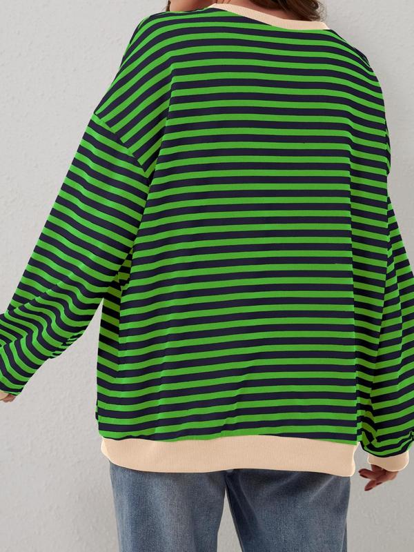  Striped Print Drop Shoulder Sweatshirt, Casual Contrast Binding Long Sleeve Pullover for Spring & Fall, Sweatshirts for Women, Women's Plus Clothing for Daily Wear, Black Girl Outfits