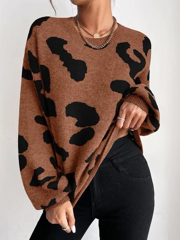 Women's Leopard Print Drop Shoulder Sweater, Casual Long Sleeve Round Neck Jumper for Fall & Winter, Sweaters for Women, Women's Knitwear for Daily Wear