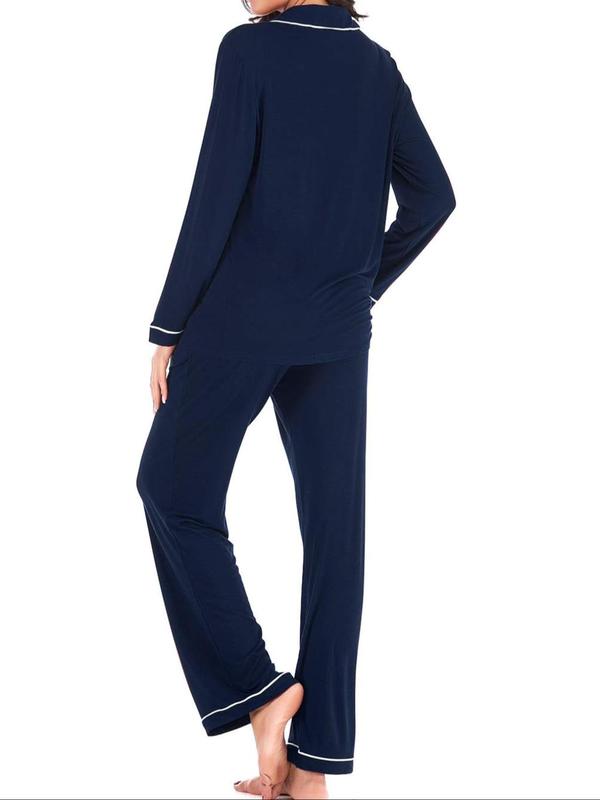 Women's Plain Contrast Binding Pajama Two-piece Set, Lapel Long Sleeve Button Front Shirt & Pants Pj Set, Casual Comfy Loungewear Set for Women
