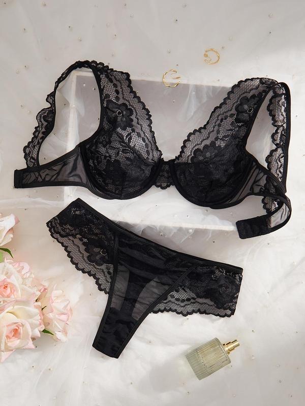 Two-Piece Set Women's Floral Lace Underwire Bra & Sheer Scallop Trim Thong, Romantic Push Up Bra & Panty Underwear Set, Lingerie Set for Women